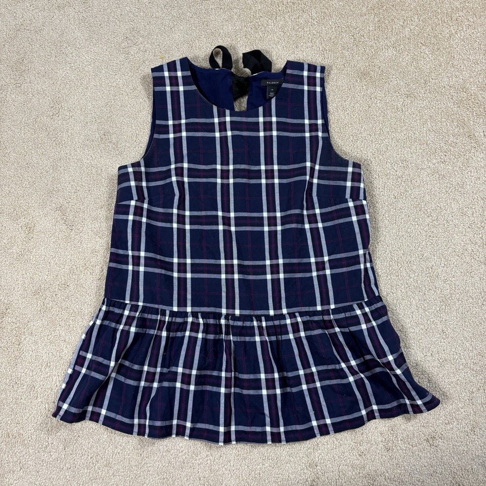 Halogen Plaid Peplum Top Medium Navy Burgundy Sleeveless Cotton Back Tie